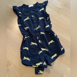 Adorable Navy Romper with Yellow Leopard Print